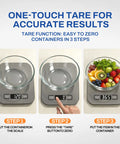 Steps to use Ultra Precise Digital Kitchen Scale With 5Kg Capacity And 1G Increments Six Unit Modes Plus Tare And Macros LCD Readout.