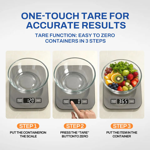 Steps to use Ultra Precise Digital Kitchen Scale With 5Kg Capacity And 1G Increments Six Unit Modes Plus Tare And Macros LCD Readout.