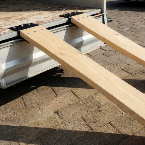 Beefed Up Heavy Duty Steel Ramp Top Kit for 2x8 inch boards attached to vehicle, loading surface in view