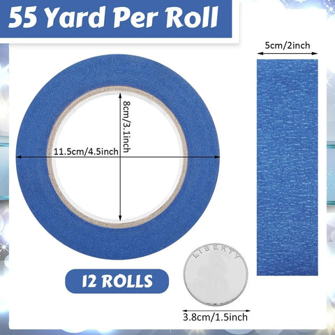 Blue Painter Tape Bulk Pack 12 Rolls 2 Inch Wide 55 Yards Each for Wall Painting and Decorating, shown with measurements