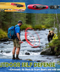 Bear Deterrent 120dB Air Horn With Compass And Thermometer in use by hiker to deter bear across river in forest