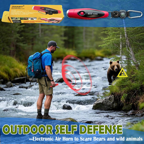 Bear Deterrent 120dB Air Horn With Compass And Thermometer in use by hiker to deter bear across river in forest