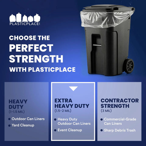 Heavy Duty 95 To 96 Gallon Clear Trash Bag Liners 1.5 Mil Thick Jumbo Rollaway Bin Sacks Tough For Heavy Yard Debris And Commercial Waste 25 Count Pack in use on trash bin.