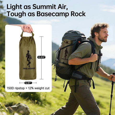 Man hiking with a backpack, carrying a packed Waterproof 10x10.5 Ft Tarp Shelter For Camping And Backpacking Ripstop 210T Canopy