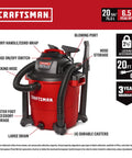 Professional 20 Gallon Wet Dry Shop Vacuum With Six Point Five Peak Horsepower in red with multiple storage features shown.