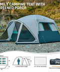 Six Person Family Camping Tent With Screen Porch Weatherproof All Season Large Cabin Style Shelter With Rainfly And Carry Bag For Outdoor Camping And Backyard Ready Green on a rocky outdoor setting