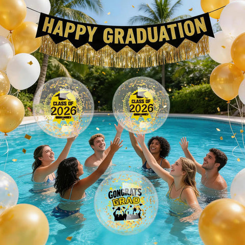 Class Of 2026 Graduation Beach Balls Set 11 Inch Inflatable Party Balls With Glitter Gold And Black Markers For Senior Celebrations Poolside Beach Decor And Gift Favors 10 Pack in a pool with people.