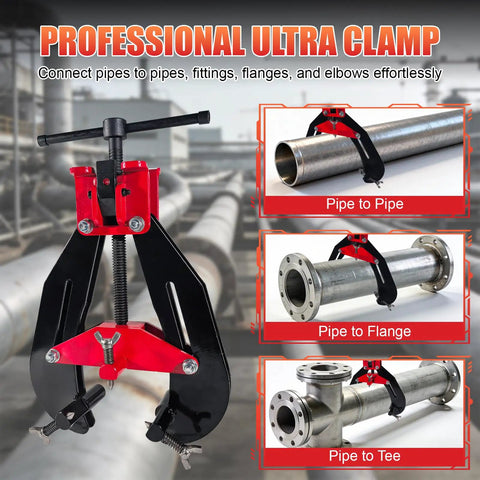 Pipe Clamp Two To Six Inches Quick Release T Handle Welding Alignment Tool with flanges and tees in industrial setting