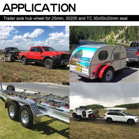 Trailer wheel hub kit usage collage for 25mm axles on pickup, teardrop camper trailer, boat trailer, and SUV.