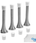 Four Pack Silver Spring Door Stopper Set, Screw In Flexible Steel With White Rubber Tips, Wall Saver That Prevents Bumps And Dents