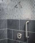 Eva Brushed Nickel One Handle Posi Temp Shower Trim Kit With Coordinating Shower Head And Lever Handle Valve Required 2510 For No Fuss Bathroom Upgrade Today installed in grey tiled shower