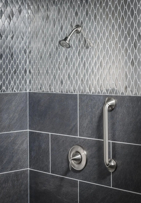 Eva Brushed Nickel One Handle Posi Temp Shower Trim Kit With Coordinating Shower Head And Lever Handle Valve Required 2510 For No Fuss Bathroom Upgrade Today installed in grey tiled shower