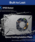 260 CFM Crawlspace Ventilation Fan showing IP55 rating and epoxy coating isolation mesh with water resistance.