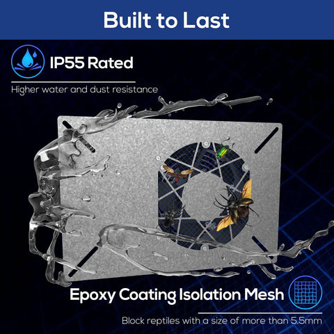 260 CFM Crawlspace Ventilation Fan showing IP55 rating and epoxy coating isolation mesh with water resistance.