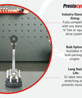 Heavy Duty Low Profile 1/4 Hex To 1/4 Square Socket Adapter Hardened S2 Steel Nickel Plated Finish on a workbench with tools.