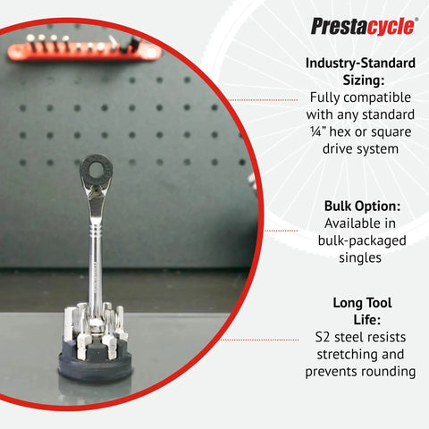 Heavy Duty Low Profile 1/4 Hex To 1/4 Square Socket Adapter Hardened S2 Steel Nickel Plated Finish on a workbench with tools.