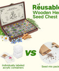 Ancestral Apothecary Medicinal Tea Herb Seed Chest With 40 Heirloom Non GMO Seeds For Planting Oregano Basil Chamomile Lavender And More In Raised Beds And Windowsills A Thoughtful Garden Gift For Women And Men, open wooden box with labeled seed containers and herbs.