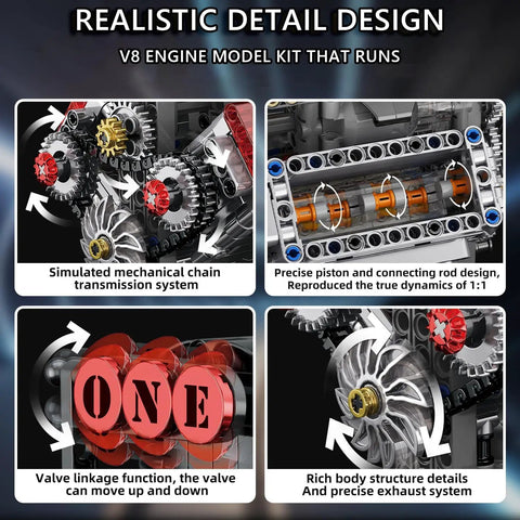 Mini V8 Engine Kit That Really Runs With Battery And Motor, buildable plastic STEM model with moving pistons and gears