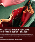 Close-up of OxyLights 3 Pouch Tool Bag with Tape Holder in Green featuring 10 pockets and durable leather and nylon construction.