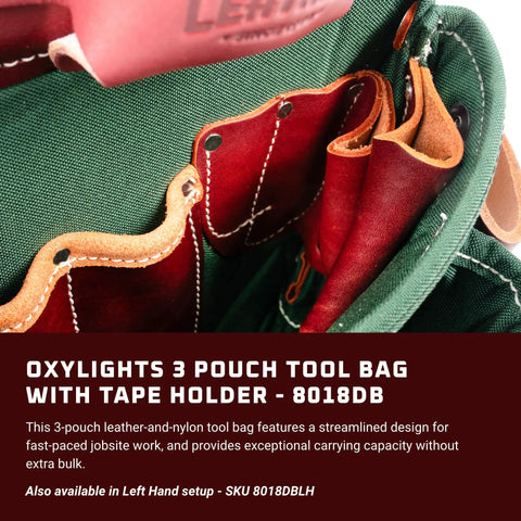 Close-up of OxyLights 3 Pouch Tool Bag with Tape Holder in Green featuring 10 pockets and durable leather and nylon construction.