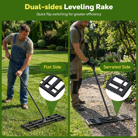 Two In One Lawn Leveling Rake With Dual Sided Design 32 By 10 Ground Plate And 78 Inch Adjustable Handle in use on grass and gravel