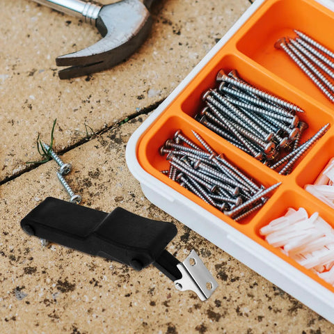 Spring Hasp Latch For Toolbox And Car Hood Flexible Draw Latch With Rubber Damping shown with screws and tool box