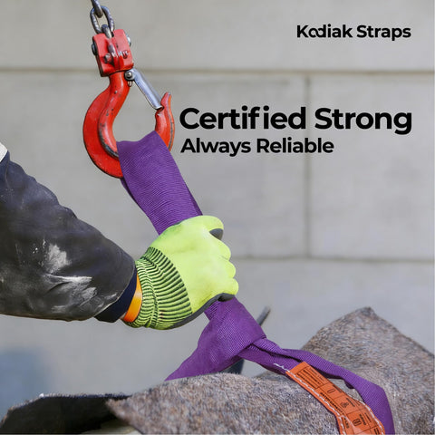 Endless Round Sling 2600 Lbs Vertical Rated 4 Ft Polyester Lifting Strap for Garage Hoist Rigging in use with crane hook
