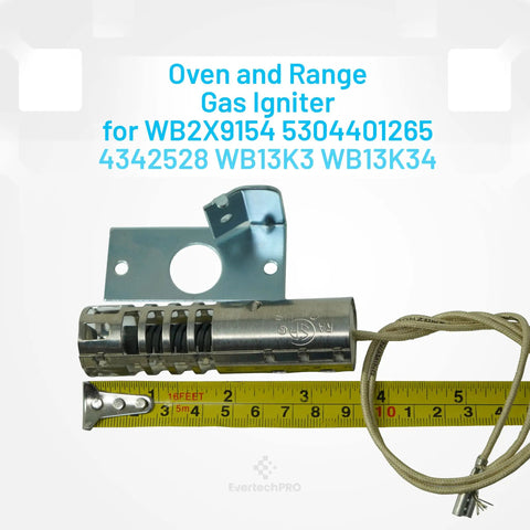 Replacement Oven Igniter Round Lead Thirteen And A Half Inch For GE XL44 Frigidaire Whirlpool 120V Two And A Half Amp To Three Amp Oven Component 5304401265 Replacement Part Fits Many Models, showing igniter with measuring tape.