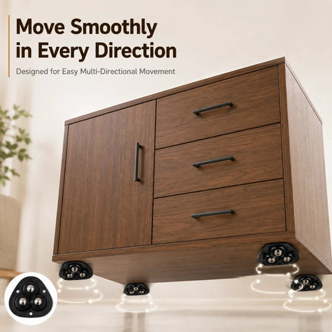 DaddyBee Heavy Duty Self Adhesive Casters 8 Pack Stick-On Swivel Wheels under a wooden cabinet for smooth movement.