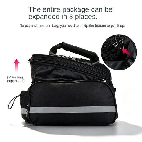 Cool Quick Access Cycling Frame Bag For E-Bike And Mountain Bike With Sleek Wedge Shape To Carry Small Essentials On Your Ride Smoothly Today. Black nylon expandable frame bag with side zipper and handle, shown open.