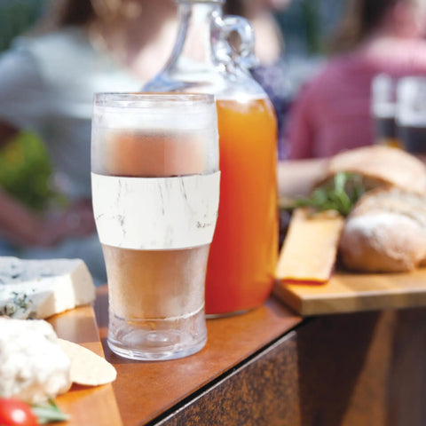 Freezable Insulated Pint Mugs Set Of 2 Double Walled Frosty Drink Glasses With Gel Core Keeps Beer And Cold Brew Icy Longer 16 Oz Marble Chilled Beverage Tumblers with drink and food.