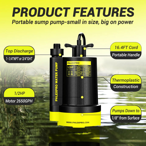 Next Level Half Horsepower Submersible Water Pump Designed For Rock Solid 2650 Gallons Per Hour Flow with top discharge and 16.4FT cord.