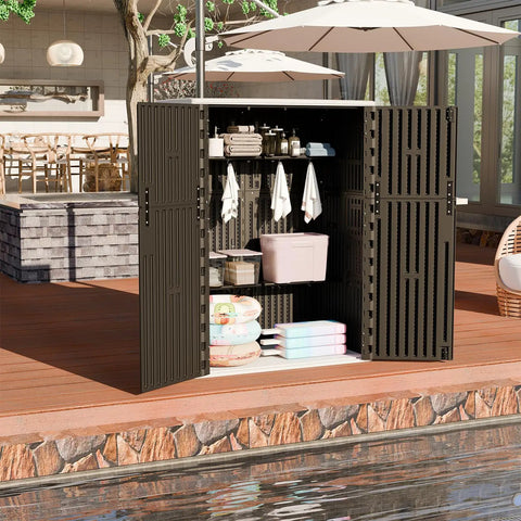 57 Cu Ft Outdoor Storage Shed With Floor, All Weather Resin Design For Patio, open showing towels and pool supplies