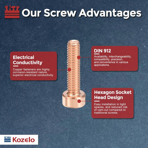 Premium Grade Red Copper Socket Head Cap Screws Plus Hex Nuts Kit M4 0.7x16mm showcasing electrical conductivity and hexagon design.