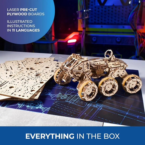 Epic Manned Mars Rover 3D Puzzle Kit With Spring Drive And 6x6 All Wheel Drive Independent Suspension Swiveling Cab Rubberized Wheels Folding Rear Ramp 360 Degree Antenna Laser Engraved Solar Panels 562 Piece DIY Space Craft Model, plywood boards