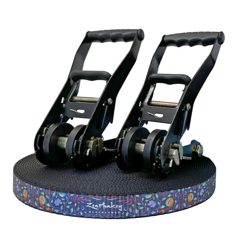 1 Inch Slackline Kit With Dual Ratchet System 82 Foot Jungle Line with two ratchets and two-tone webbing