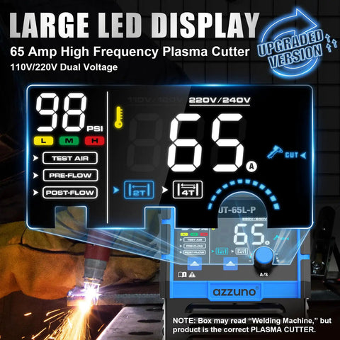 65 Amp Plasma Cutter With Non-Touch Pilot Arc, Dual Voltage 110/220V Inverter, Large LED Display, IGBT Tech, Air Sensor
