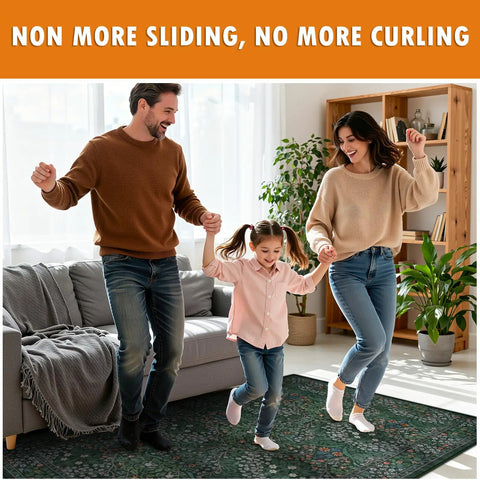 Family dancing on carpet secured with Non Slip Rug Tape For Area Rugs On Hardwood Floors And Tile, showing triangle design