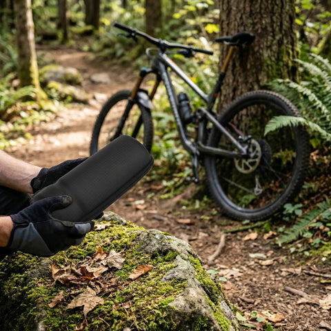 Close-up of Ride Ready Waterproof Bike Tool Bag Kit With Water Bottle Holder Ultra Lightweight Multi Function Saddle Pack outdoors