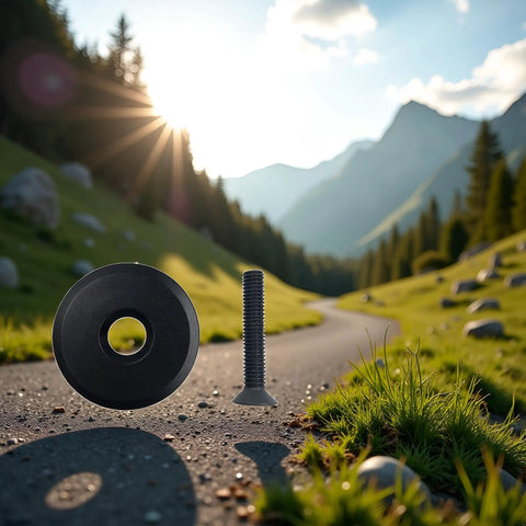 Black Front Fork Stem Top Cap And Screw For One And One Eighth Inch Road Bike Stems Handlebars And Headsets in a scenic mountain setting