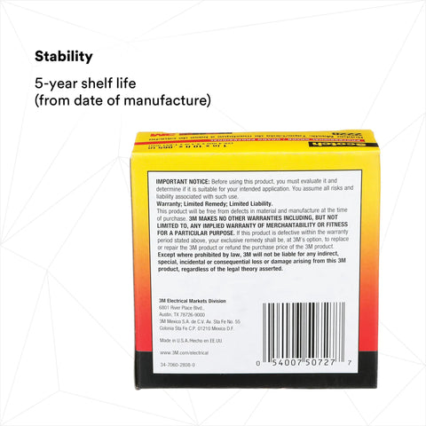 Back of 2228 Rubber Mastic Heavy Duty Electrical Tape box showing stability information and 5-year shelf life.