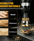 Built Like A Tank 4 Piece Countersink Drill Bit Set With Adjustable Depth Stop And Sturdy L Wrench Made From Premium M2 HSS Steel drilling into wood, fiberboard, and particleboard.