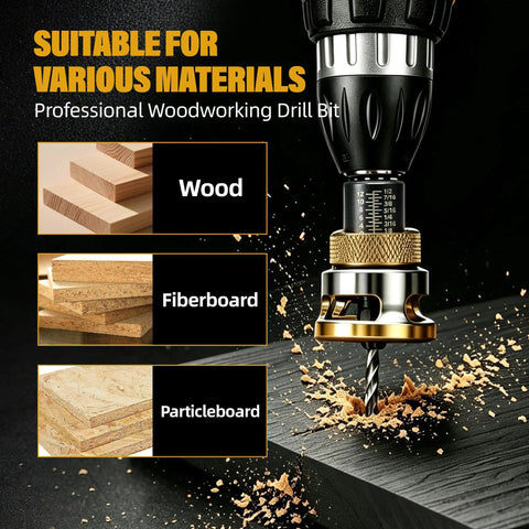 Built Like A Tank 4 Piece Countersink Drill Bit Set With Adjustable Depth Stop And Sturdy L Wrench Made From Premium M2 HSS Steel drilling into wood, fiberboard, and particleboard.