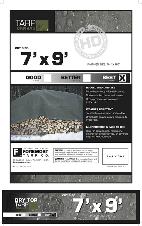 Packaging of Heavy Duty Green Canvas Tarp 7x9 Dry Top Ultra Thick 16 To 18 Oz Industrial Cover showing product details and logo.