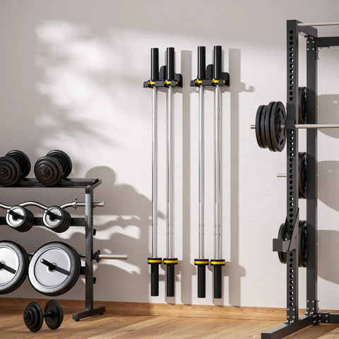 Dual Barbell Wall Rack For Garage Gym With Protective Padding Heavy Duty Steel Mount Holds Olympic Bars Curl Bars Chains