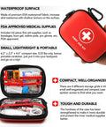 Red mini first-aid kit in a hard-shell case; front view with closed case and open view showing supplies.