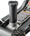 Close-up of 2.5-Ton Off-Road Trolley Jack With Oversized 4-Inch Wheels Saddle Extension Integrated Handle Storage Portable Design