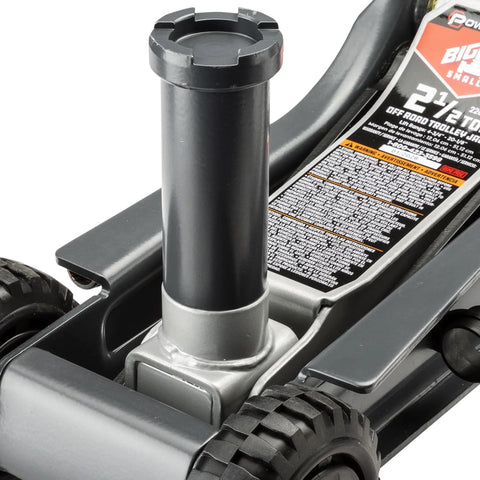 Close-up of 2.5-Ton Off-Road Trolley Jack With Oversized 4-Inch Wheels Saddle Extension Integrated Handle Storage Portable Design