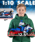 Child holding Switchback Assault RC Beast with Dual Ski System 2.4GHz RTR, showcasing scale with packaging in background.