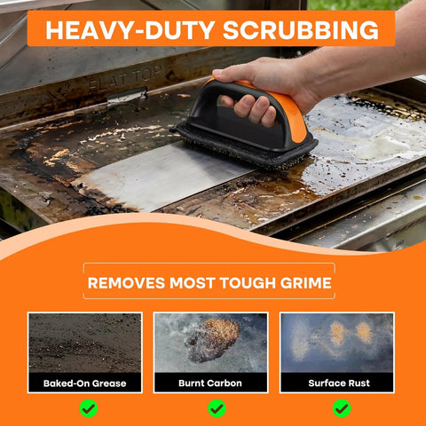 Hand using griddle cleaning kit with 3 replacement scouring pads for flattop grills rust removal, bristle-free stainless mesh cleaner.